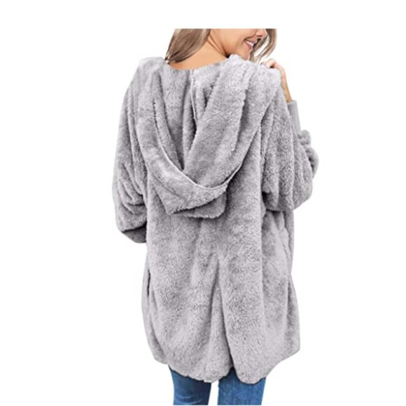 Women Casual Fuzzy Fleece Faux Fur Hooded Cardigan - Picture 2 of 5